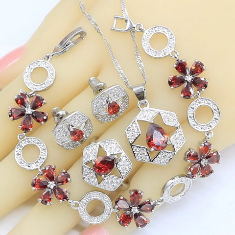 Red Zircon Silver Jewelry Set