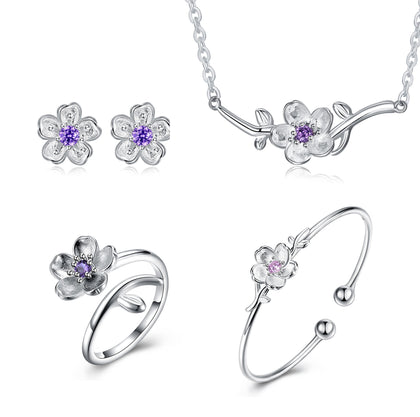 Purple Cherry Blossoms Zircon Flower 925 Sterling Silver Jewelry Set