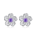 Purple Cherry Blossoms Zircon Flower 925 Sterling Silver Jewelry Set