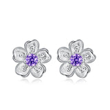 Purple Cherry Blossoms Zircon Flower 925 Sterling Silver Jewelry Set