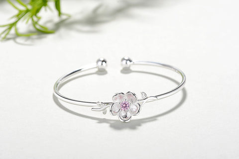 Pink Cherry Blossoms Zircon Flower 925 Sterling Silver Jewelry Set