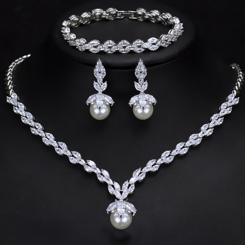 925 Sterling Silver Pearl Zircon Jewelry Set
