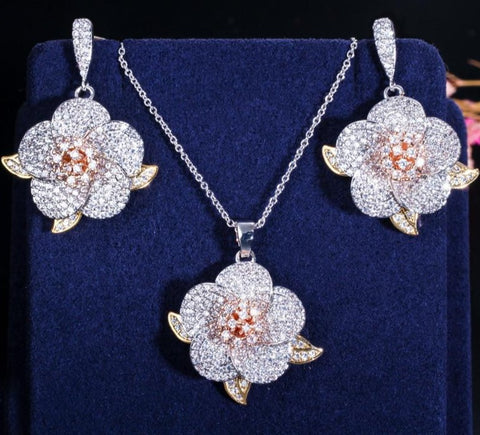 Rose Gold Flower Cubic Zirconia Jewelry Set