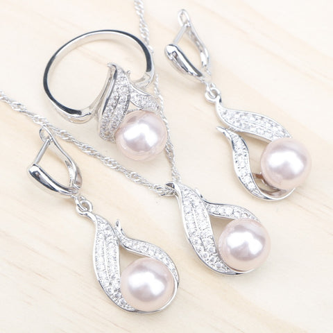 White Zircon Stone Pearl 925 Silver Jewelry Set