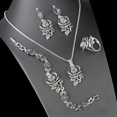 Black Crystal Rose Vintage Flower jewelry Set