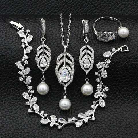White Pearl Cubic Zirconia 925 Silver Wedding Jewelry Set