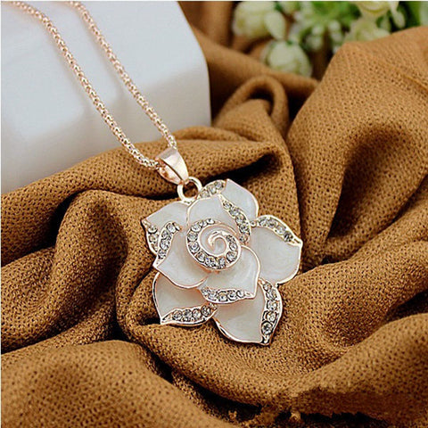 White Crystal Rose Camellia Flower Pendant Necklace