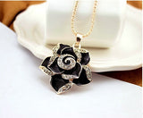 Black Crystal Rose Camellia Flower Pendant Necklace