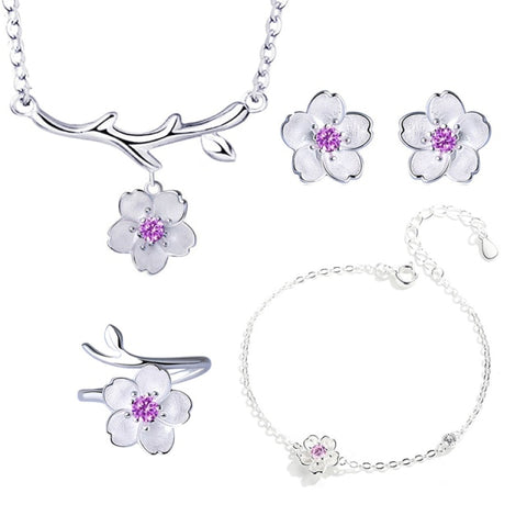 Purple Cherry Blossoms Flower 925 Sterling Jewelry Set
