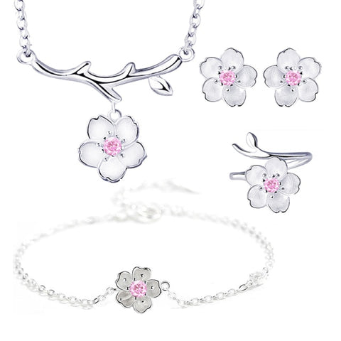 Pink Cherry Blossoms Flower 925 Sterling Jewelry Set