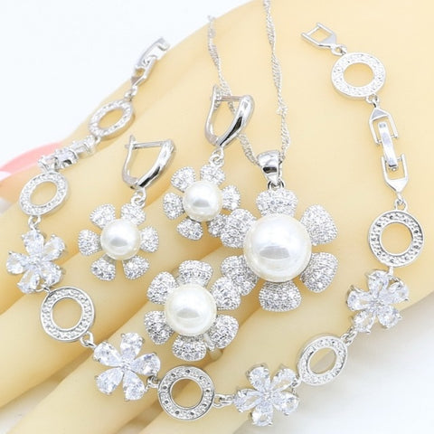 White Pearl Silver Zircon Jewelry Set