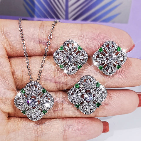 Emerald Green Geometric Silver Zircon Jewelry Set