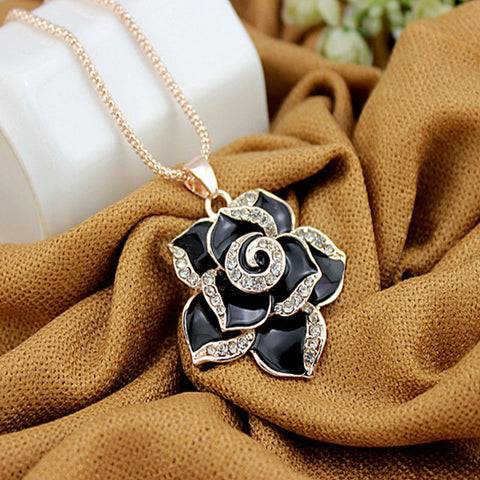 Black Crystal Rose Camellia Flower Pendant Necklace