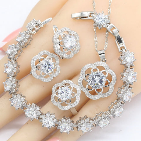 White Flower Zircon 925 Silver Jewelry Set