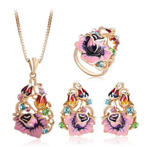 Multicolored Gemstones Pink FlowerJewelry Set